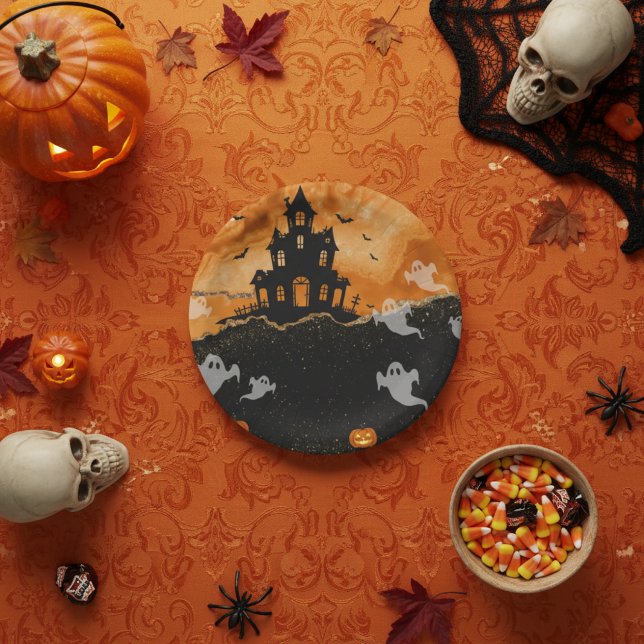 Assiettes En Carton Halloween Haunted House Orange Gold Glitter (Créateur téléchargé)