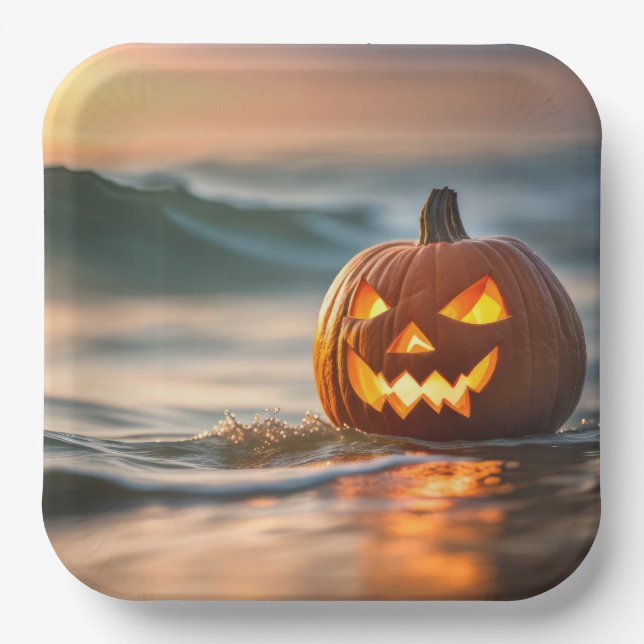 Assiettes En Carton Halloween Jack-o-Lantern Sur La Mer (Recto)