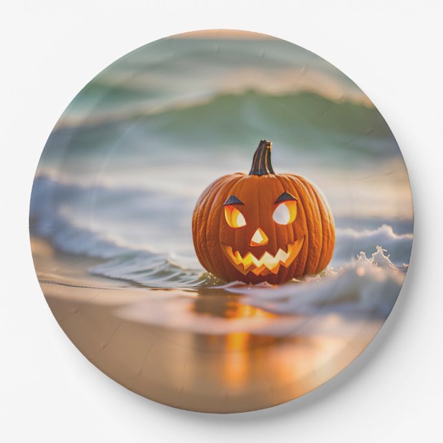 Assiettes En Carton Halloween Jack-o-Lantern Sur La Plage (Devant)