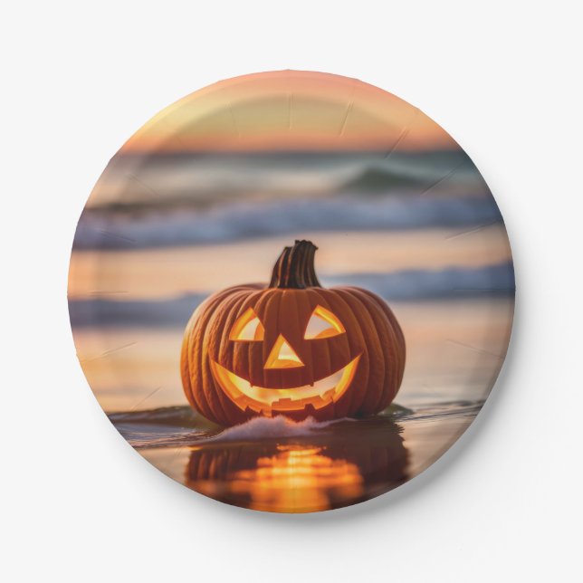 Assiettes En Carton Halloween Jack-o-Lantern Sur La Plage (Devant)