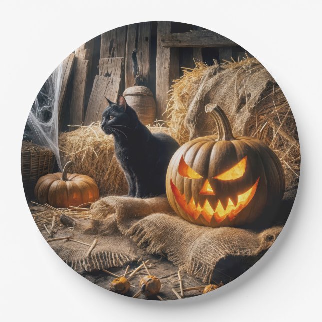 Assiettes En Carton Halloween Jack-o-lanterne et chat en grange (Devant)