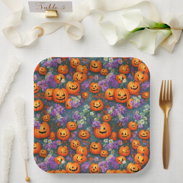 Assiettes En Carton Halloween Jack-o'-lanternes Et Fleurs Violettes (Mariage)