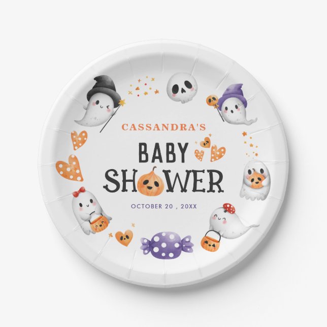 Assiettes En Carton Halloween Little Boo Baby shower mignon Fantômes (Devant)