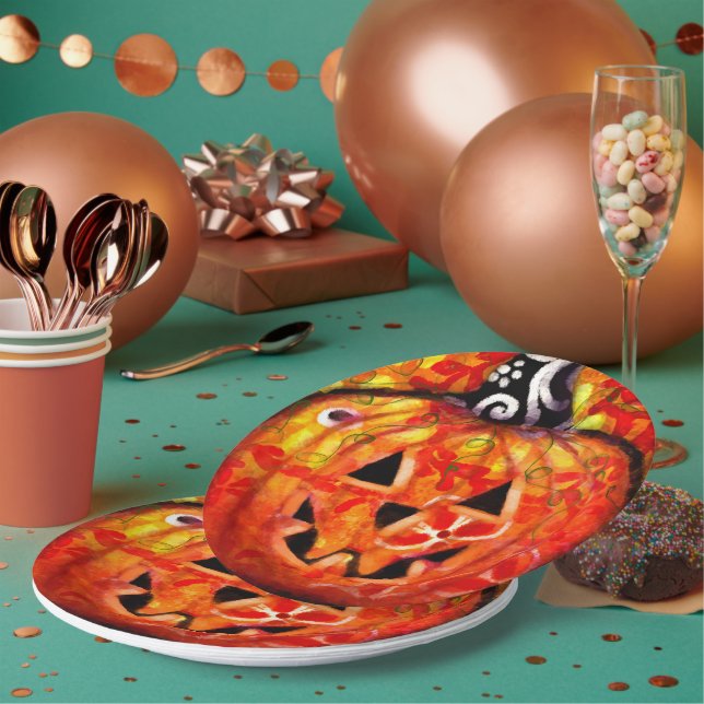 Assiettes En Carton Halloween lunaire Jack-O-Lantern Abstrait Orange (Multi)