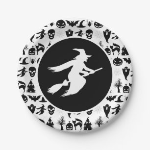 Assiettes En Carton Halloween noir avec sorcière blanche