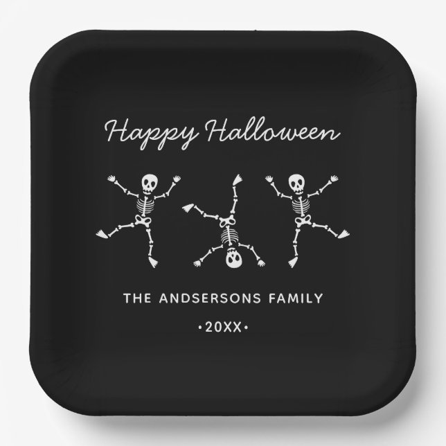 Assiettes En Carton Halloween noir et blanc dessin main squelette heur (Recto)