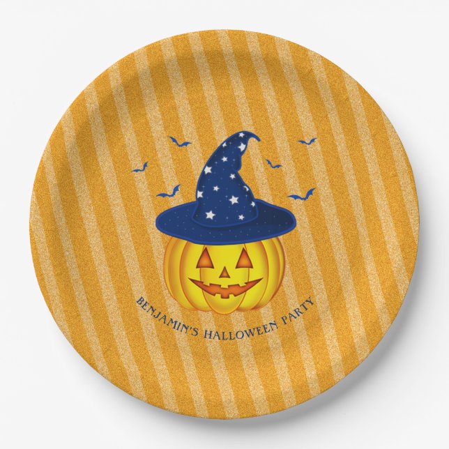 Assiettes En Carton Halloween Orange Sparkly Stripes Citrouille (Devant)