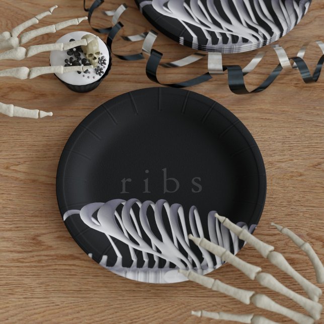 Assiettes En Carton Halloween personnalisé Ribs squelettes noir blanc (Créateur téléchargé)