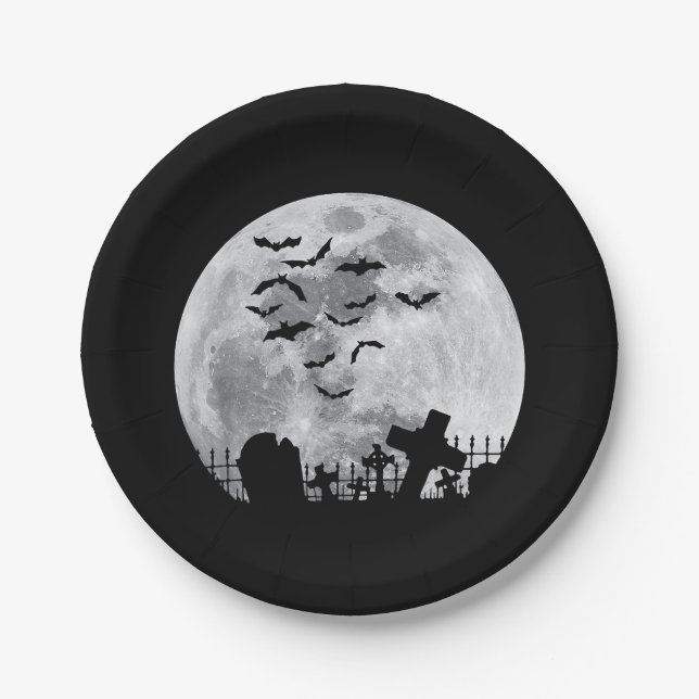 Assiettes En Carton Halloween Pleine lune Cimetière Bats Éffrayants (Devant)