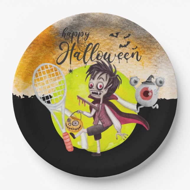 Assiettes En Carton Halloween pour Joueur de Tennis avec raquette et b (Devant)