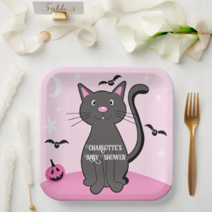 Assiettes En Carton Halloween rose Baby shower fille chatte noir