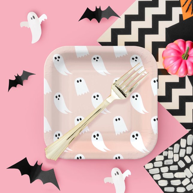 Assiettes En Carton Halloween rose et blanc Fantôme et papier Motif (Pink & White Halloween Ghost & Pattern Paper Paper Plates)