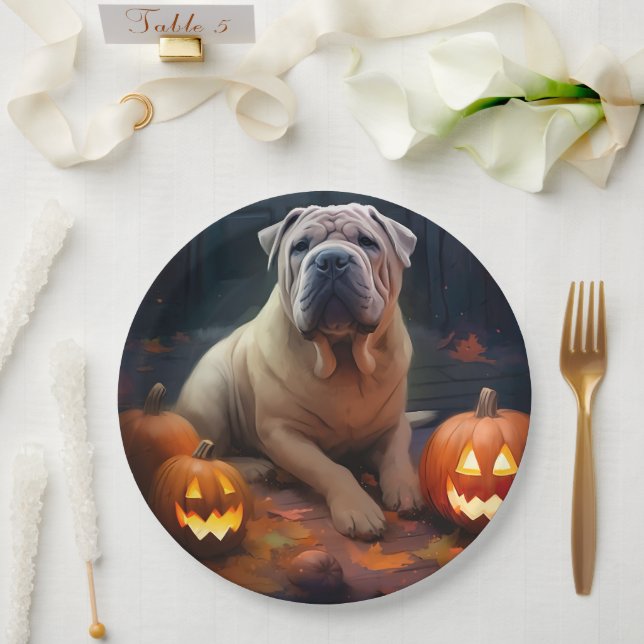 Assiettes En Carton Halloween Shar Pei Avec La Peur Citrouille (Mariage)