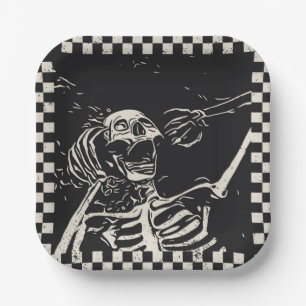 Assiettes En Carton Halloween Skeleton noir blanc À damiers