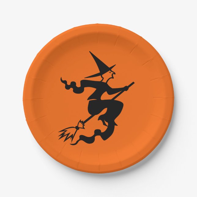 Assiettes En Carton Halloween sorcière Broomstick orange noir 4Alex (Devant)