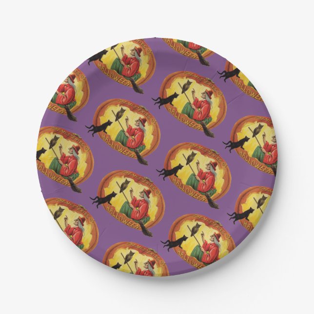 Assiettes En Carton Halloween, sorcière, chat noir & hibou (Devant)