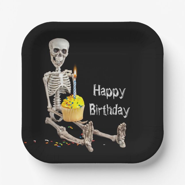 Assiettes En Carton Halloween Squelette Anniversaire Sur Noir (Recto)