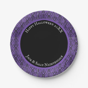 Assiettes En Carton Halloween Victorien Brocart Damassé Violet & Noir