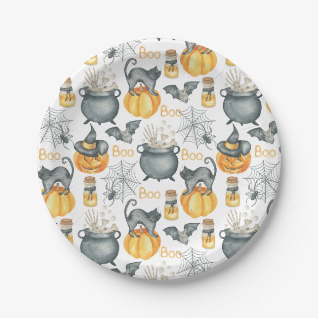Assiettes En Carton Halloween Whimsical Cauldron et Motif de chats (Devant)
