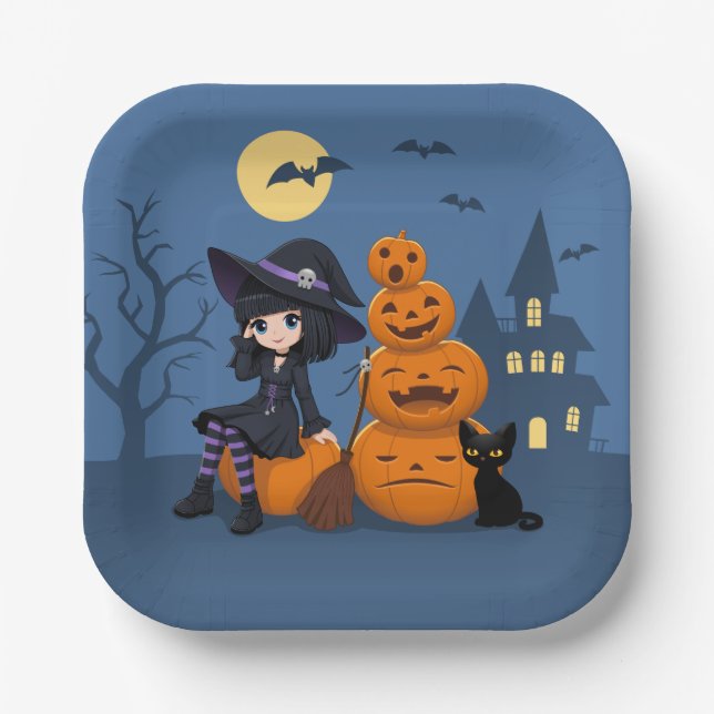 Assiettes En Carton Halloween Witch, Chat noir et Citrouille (Recto)
