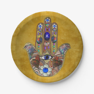 Assiettes En Carton Hamsa Coeurs Fleurs Opal Art sur Or
