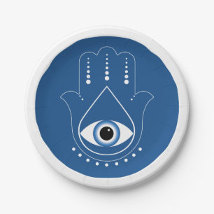 Assiettes En Carton Hamsa main Grec mal Oeil bleu