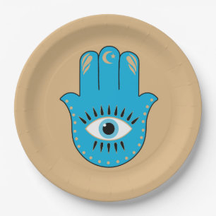 Assiettes En Carton Hamsa main Grec mal Oeil bleu