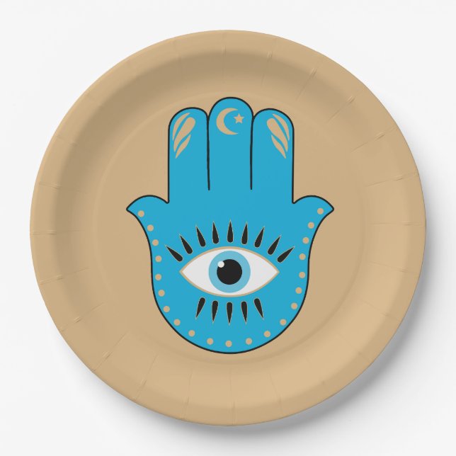 Assiettes En Carton Hamsa main Grec mal Oeil bleu (Devant)