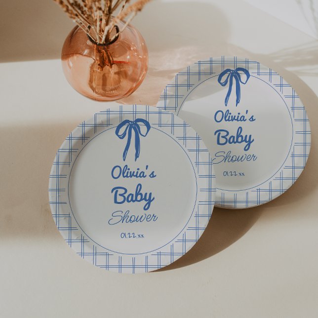 Assiettes En Carton Hand Drawn Blue Gingham Bow Baby Shower (Créateur téléchargé)
