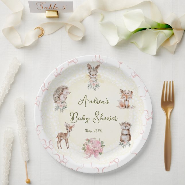 Assiettes En Carton Hand Drawn Coquette Ribbon Woodland Baby Shower  (Mariage)