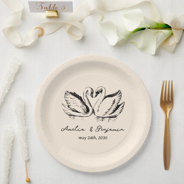 Assiettes En Carton hand drawn Couple Swan Whimsical Wedding (Mariage)