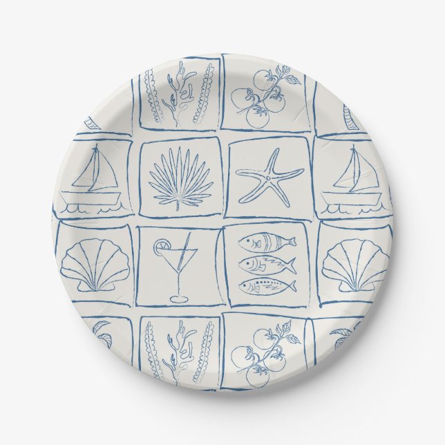 Assiettes En Carton Hand-Drawn Mediterranean Coastal Tile Linen Cobalt (Devant)