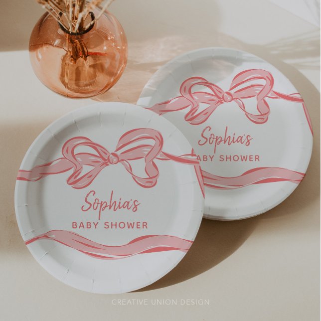 Assiettes En Carton Hand Drawn Pink Bow Girl Baby Shower (girl baby shower)