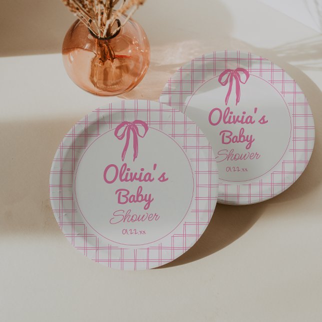 Assiettes En Carton Hand Drawn Pink Gingham Bow Baby Girl Shower (Créateur téléchargé)