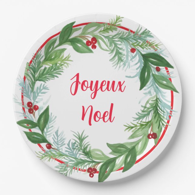 Assiettes En Carton Handpainted Watercolor Xmas Holiday Wreath Noel (Devant)