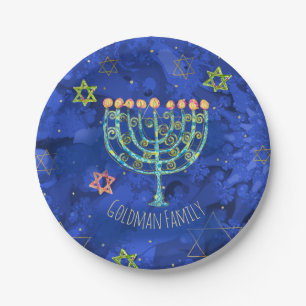 Assiettes En Carton Hanoukka Aqua Menorah Star de David sur Blue