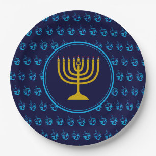 Assiettes En Carton HANOUKKA Dreidel Menorah Israel Argent bleu