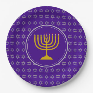 Assiettes En Carton HANOUKKA Star of David Menorah Purple Silver