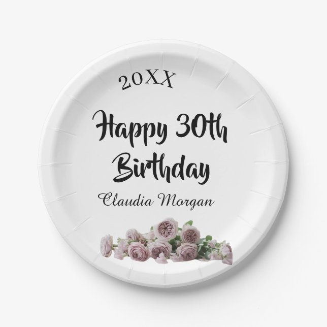 Assiettes En Carton Happy 30th birthday pink white mauve floral name y (Devant)
