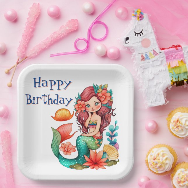Assiettes En Carton Happy Birthday Mermaid (Fête)