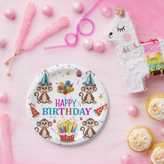 Assiettes En Carton Happy Birthday Paper Plates Monkey Cupcake (Fête)