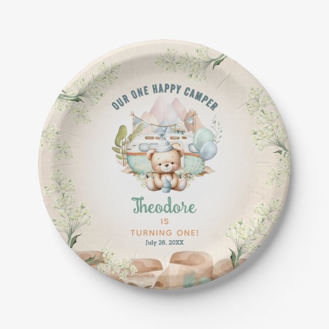 Assiettes En Carton Happy Camper Été 1er Anniversaire Garçon (Devant)