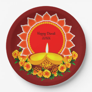 Assiettes En Carton Happy Diwali 20xx Ajouter année ou texte Marigold