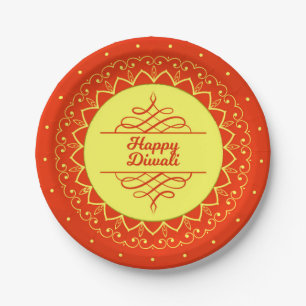 Assiettes En Carton Happy Diwali Orange Cream Mandala Modern 7"