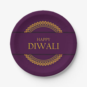 Assiettes En Carton Happy Diwali Purple Gold Elegant 7"