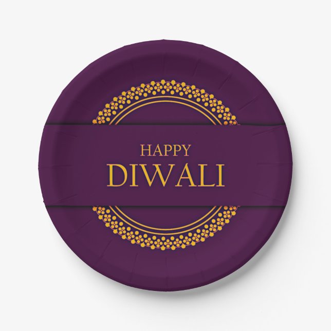 Assiettes En Carton Happy Diwali Purple Gold Elegant 7" (Devant)