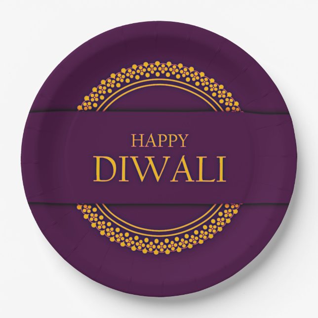 Assiettes En Carton Happy Diwali Purple Gold Elegant 9" (Devant)