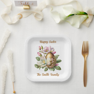 Assiettes En Carton Happy Easter Gold Floral Oeuf Plaque de papier