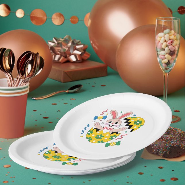 Assiettes En Carton Happy Easter Party Bunny Popping Out of Egg  (Multi)