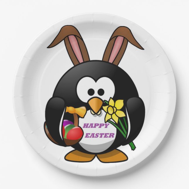 ASSIETTES EN CARTON "HAPPY EASTER" PENGUIN BUNNY (Devant)
